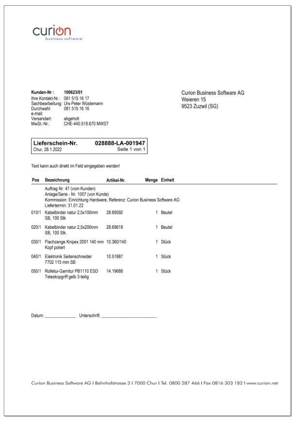 Einen Lieferschein erstellt mit dem ERP- / Warenwirtschaftsprogramm WWS-C von Curion Business Software AG.