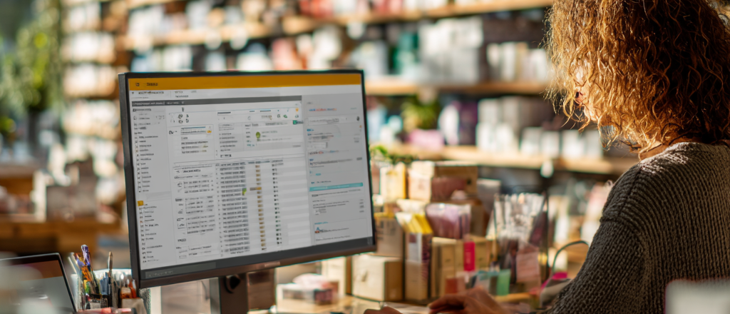 Eine Frau arbeitet mit curionERP am Bildschirm – geöffnet ist das Warenwirtschaftssystem zur Steuerung artikelorientierter Prozesse im Handel.