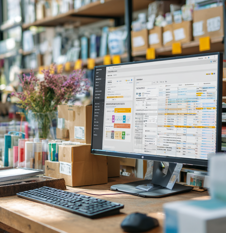 Moderner Arbeitsplatz im Handel mit curionERP: Computer mit geöffnetem Warenwirtschaftssystem zur Steuerung artikelorientierter Prozesse.