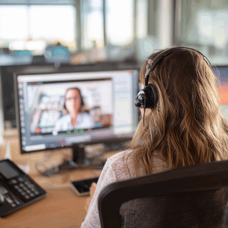 Curion Support-Team bei einer Kundensitzung – am Arbeitsplatz mit Headset und Bildschirm, bereit zur Unterstützung per Fernzugriff.