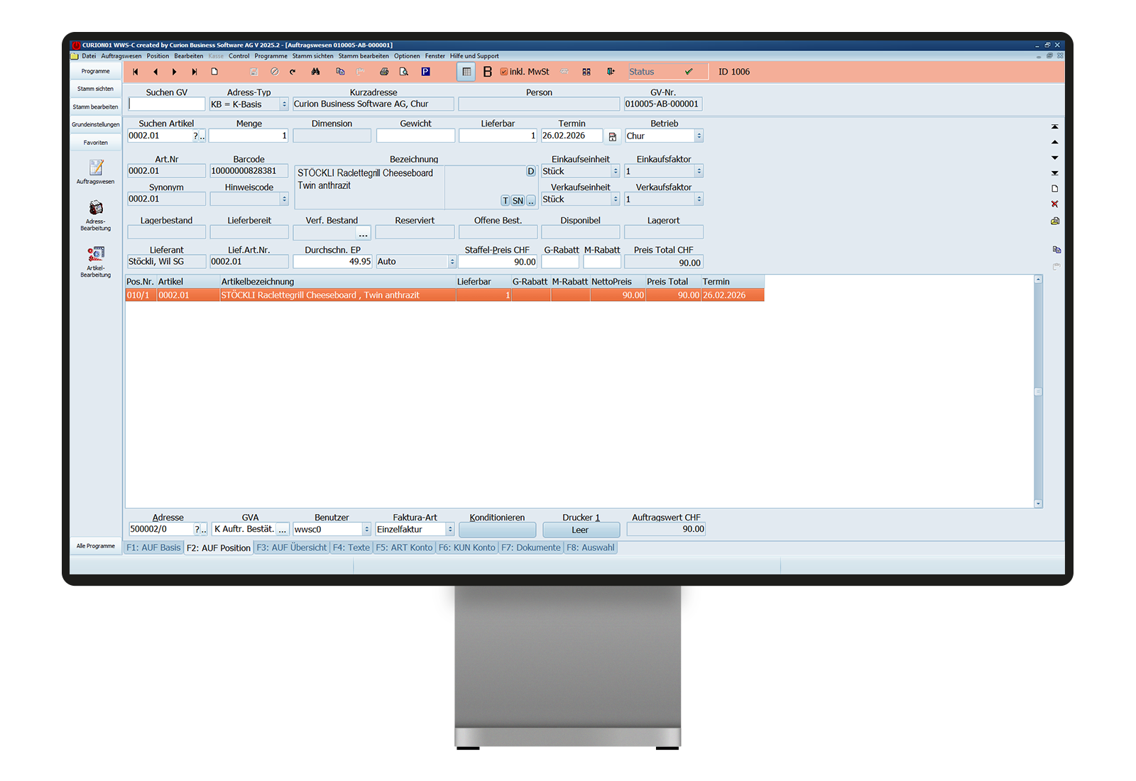 Das Modul Auftragswesen vom curionERP auf der Maske F2: Position