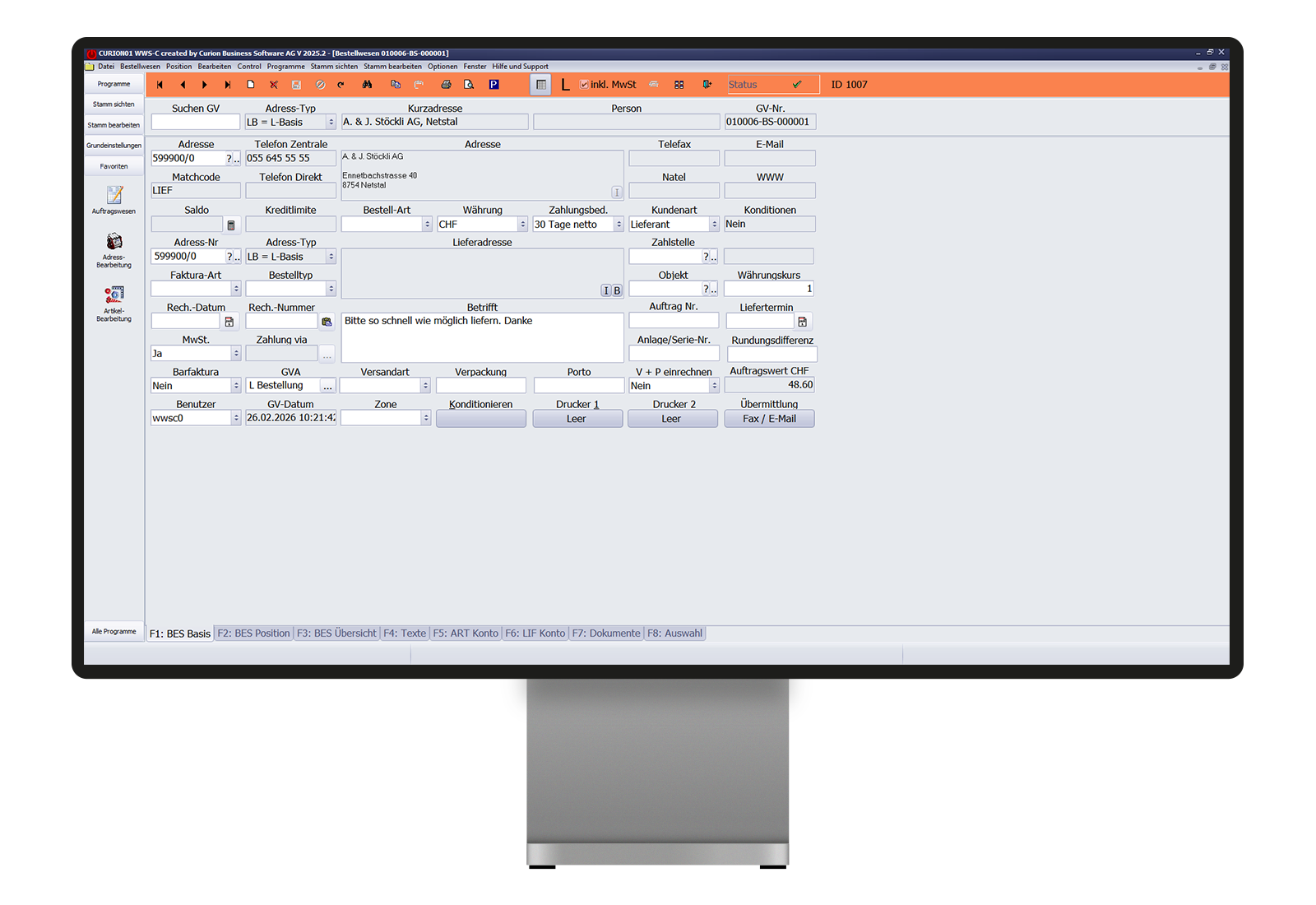 Das Modul Bestellwesen von curionERP auf der Maske F1: Basis