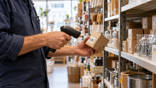 Mitarbeiter erfasst einen Artikel mit einem Handscanner bei der laufenden Inventur im Fachgeschäft.